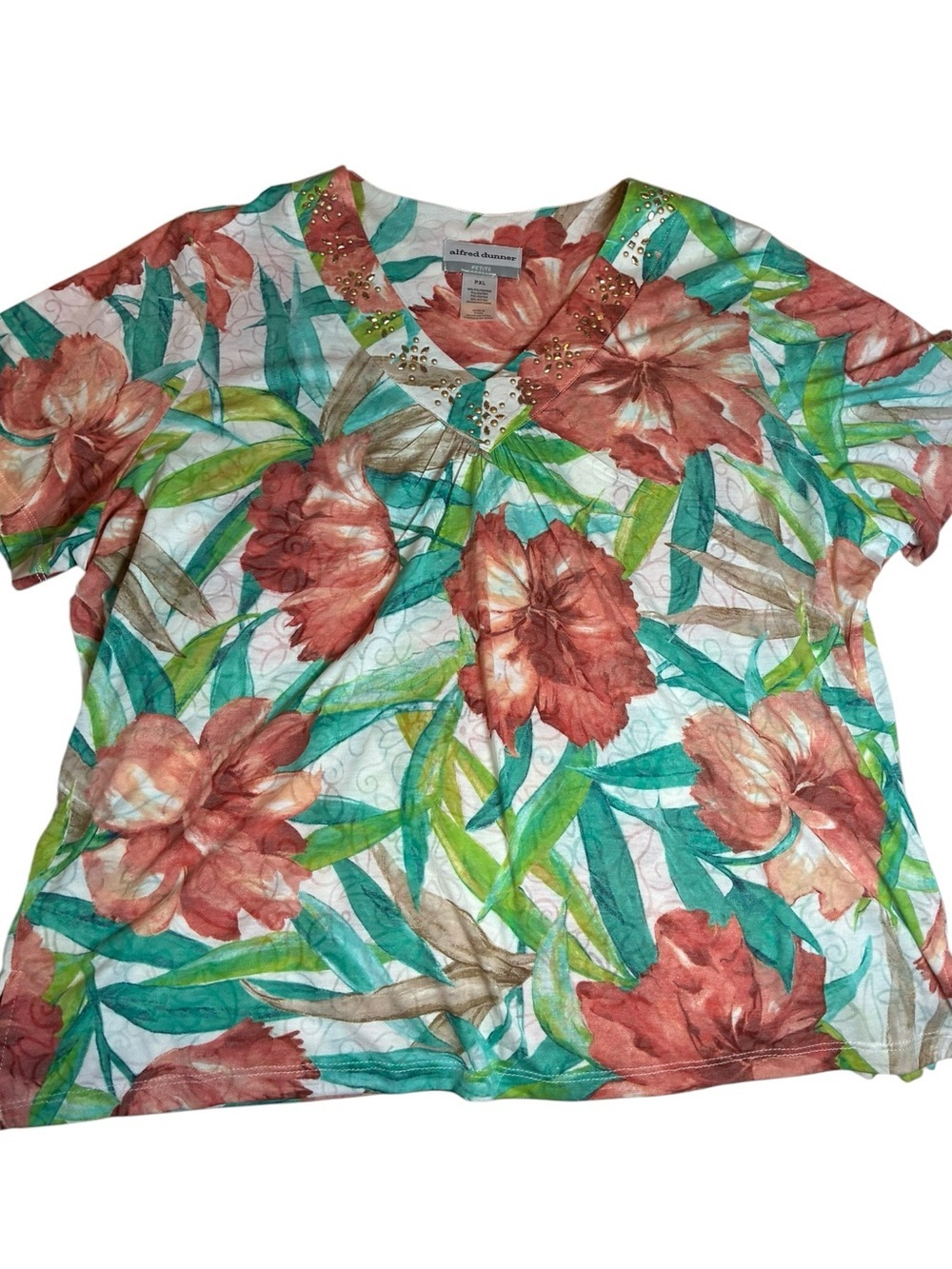 Alfred Dunner V-Neck Floral Beaded Short Sleeve Blouse Petite XL PXL